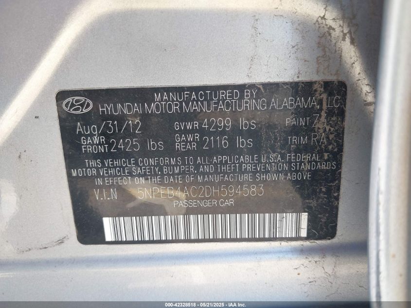 2013 Hyundai Sonata Gls VIN: 5NPEB4AC2DH594583 Lot: 42328518
