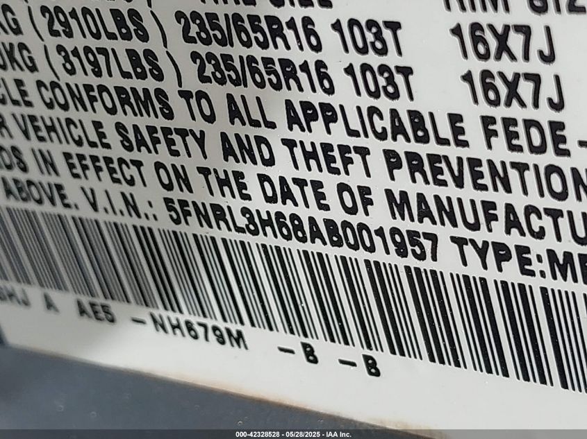 2010 Honda Odyssey Ex-L VIN: 5FNRL3H68AB001957 Lot: 42328528