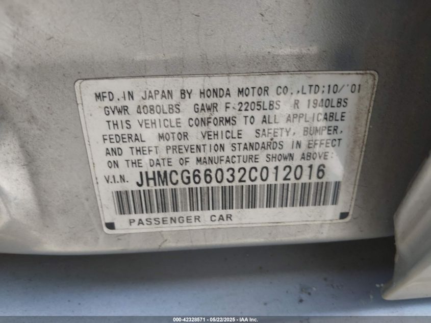 2002 Honda Accord 2.3 Ex VIN: JHMCG66032C012016 Lot: 42328571