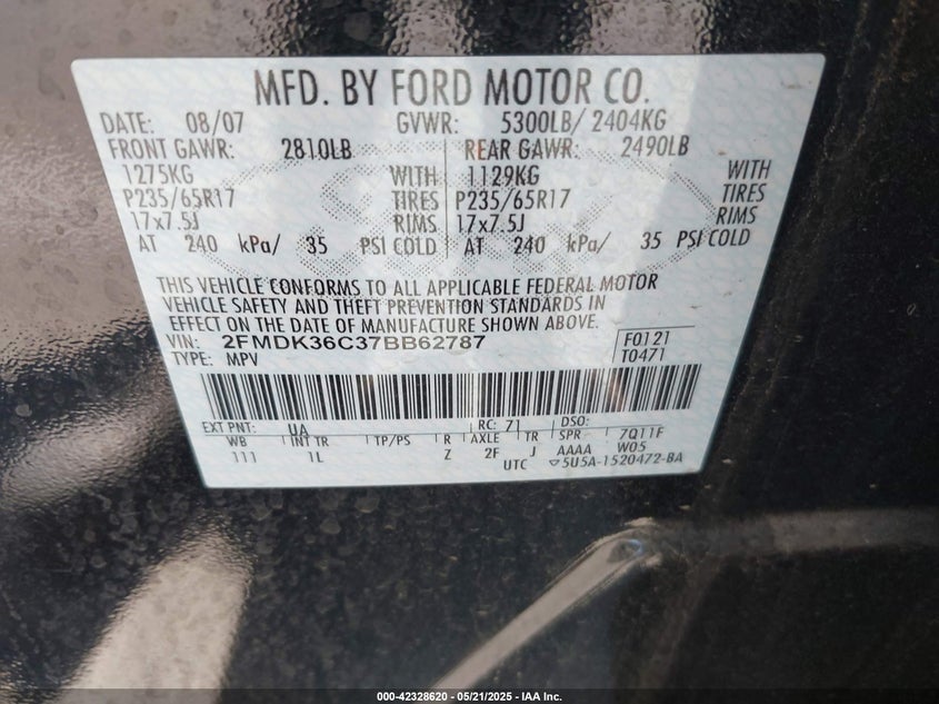 2007 FORD EDGE VIN: 2FMDK36C37BB62787