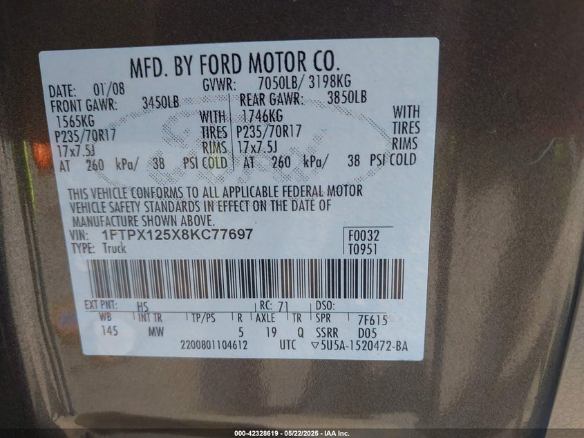 2008 FORD F-150 VIN: 1FTPX125X8KC77697