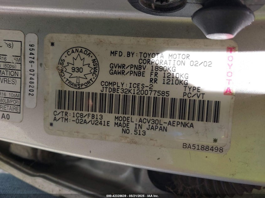 JTDBE32K120077585 2002 TOYOTA CAMRY photo no. 9
