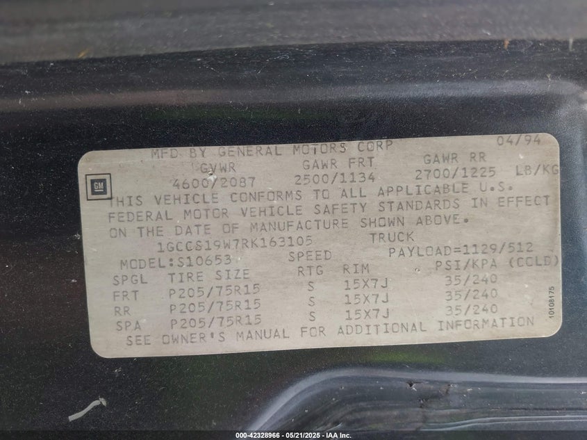 1GCCS19W7RK163105 1994 CHEVROLET S-10 PICKUP photo no. 9