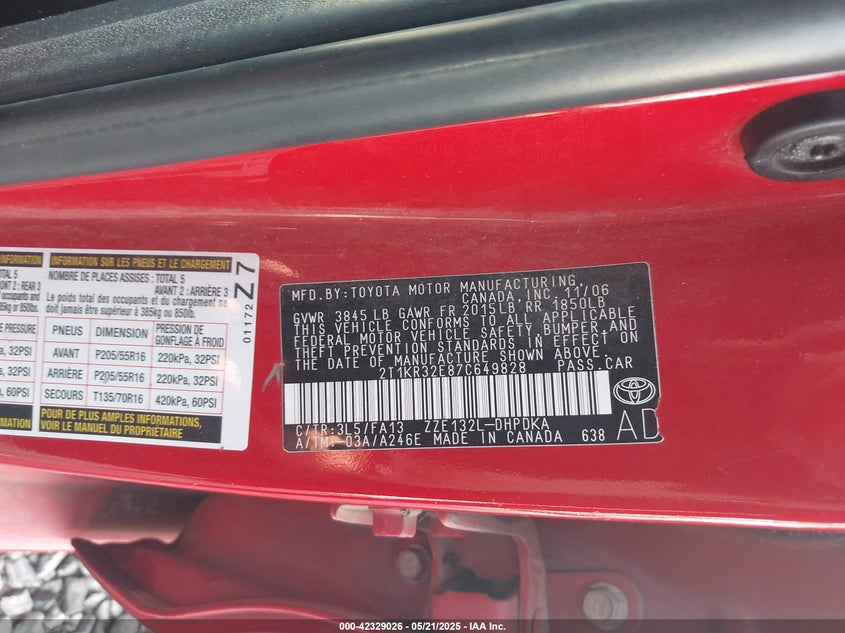 2007 TOYOTA MATRIX VIN: 2T1KR32E87C649828
