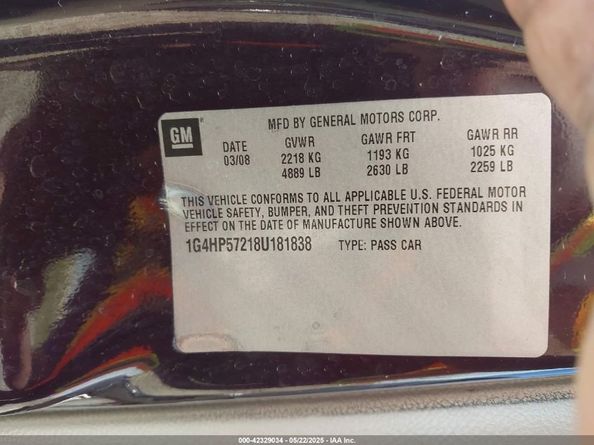 2008 Buick Lucerne Cx VIN: 1G4HP57218U181838 Lot: 42329034