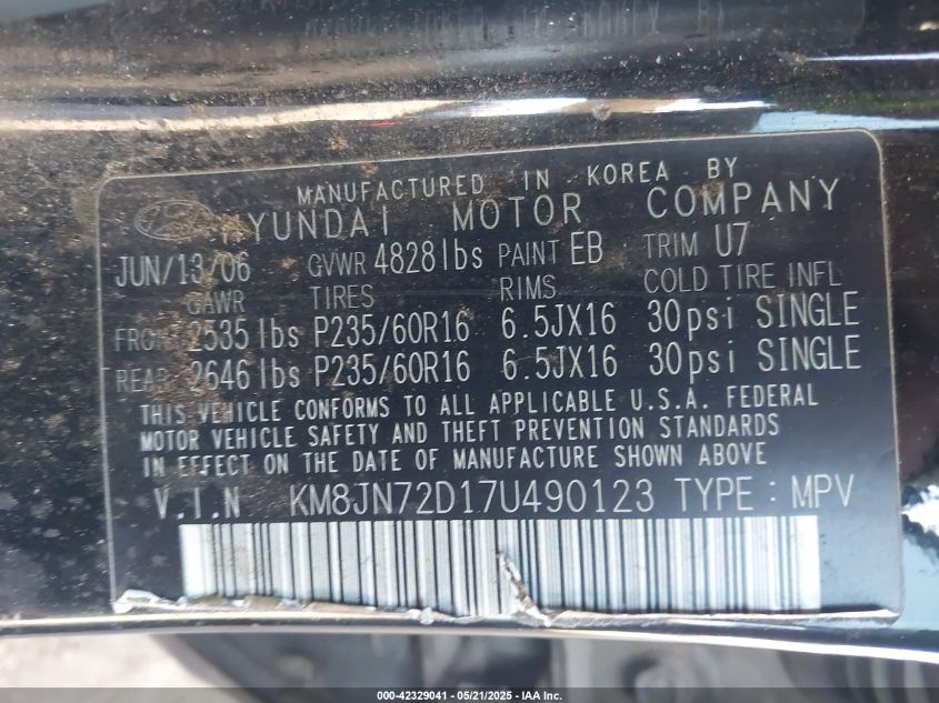 2007 Hyundai Tucson Limited/Se VIN: KM8JN72D17U490123 Lot: 42329041