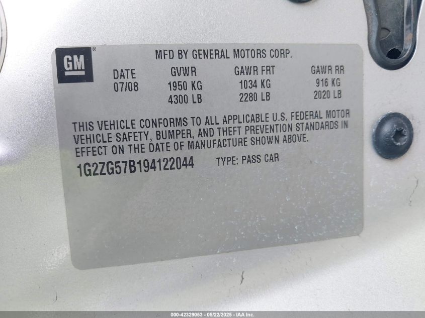 2009 Pontiac G6 VIN: 1G2ZG57B194122044 Lot: 42329053