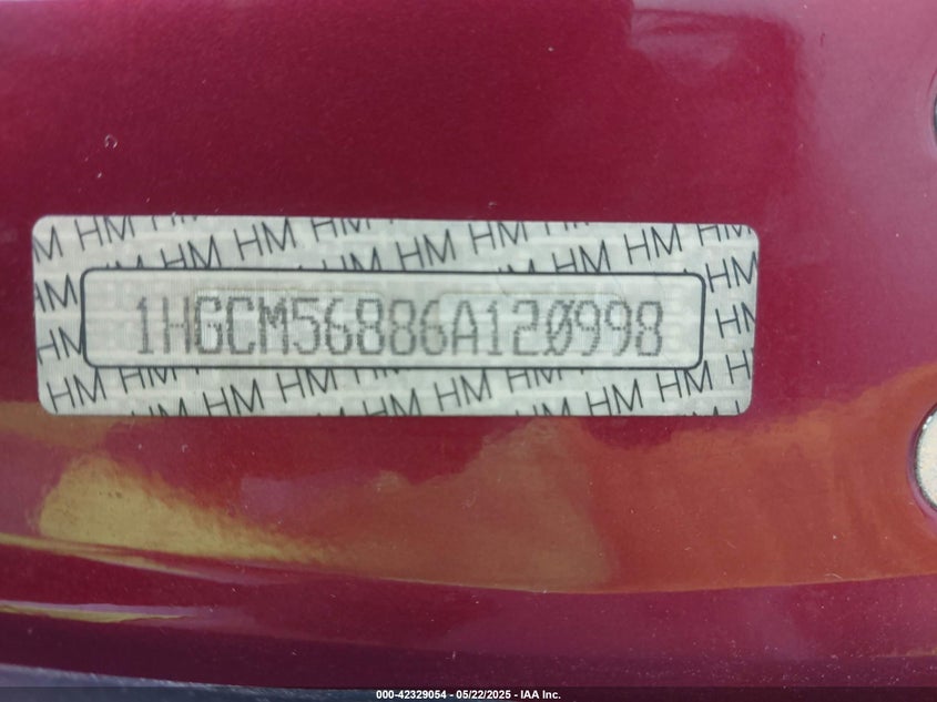 2006 HONDA ACCORD VIN: 1HGCM56886A120998