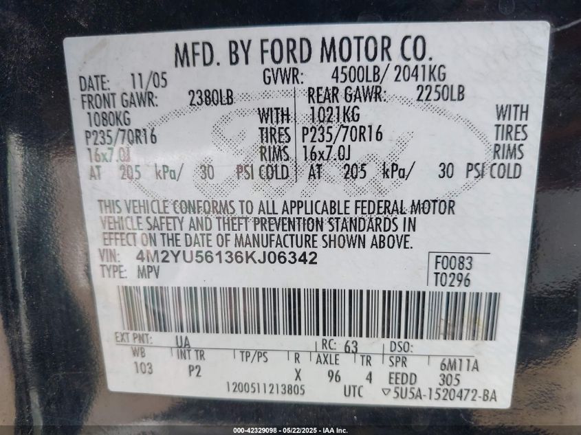 2006 Mercury Mariner Luxury/Premier VIN: 4M2YU56136KJ06342 Lot: 42329098