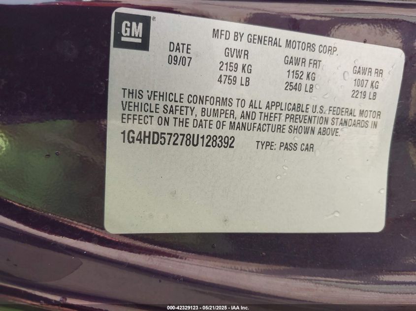 2008 Buick Lucerne Cxl VIN: 1G4HD57278U128392 Lot: 42329123