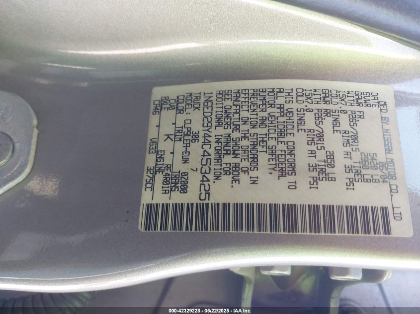 2004 Nissan Frontier Xe-V6 VIN: 1N6ED29Y44C453425 Lot: 42329228