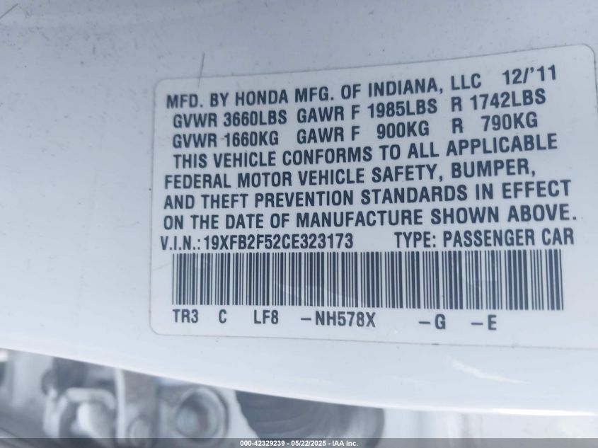 2012 Honda Civic Lx VIN: 19XFB2F52CE323173 Lot: 42329239