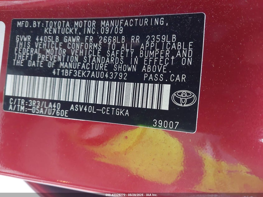 2010 TOYOTA CAMRY VIN: 4T1BF3EK7AU043792