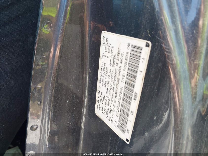 2007 Honda Accord 2.4 Lx VIN: 1HGCM72347A015561 Lot: 42329281