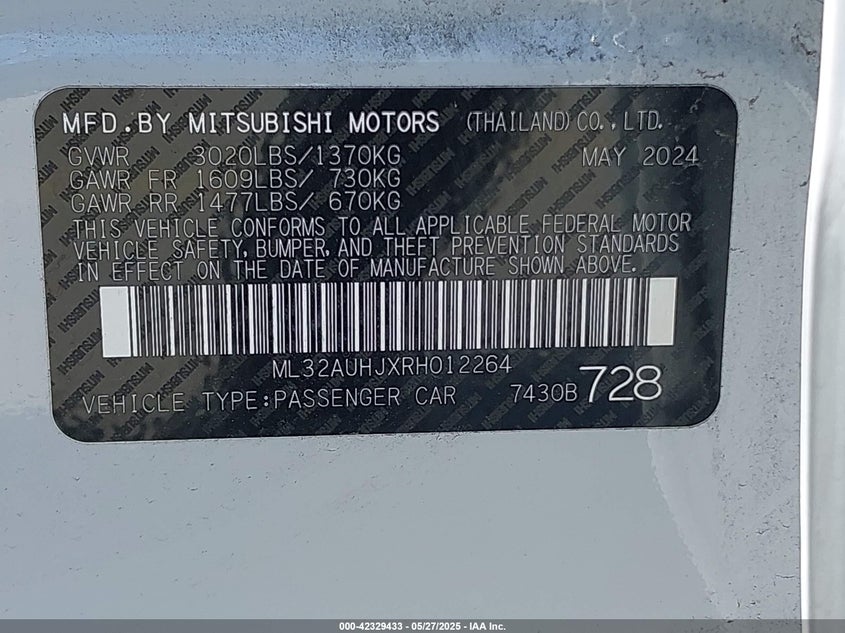 2024 MITSUBISHI MIRAGE VIN: ML32AUHJXRH012264