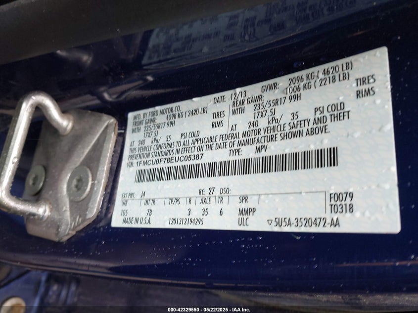 2014 FORD ESCAPE VIN: 1FMCU0F78EUC05387