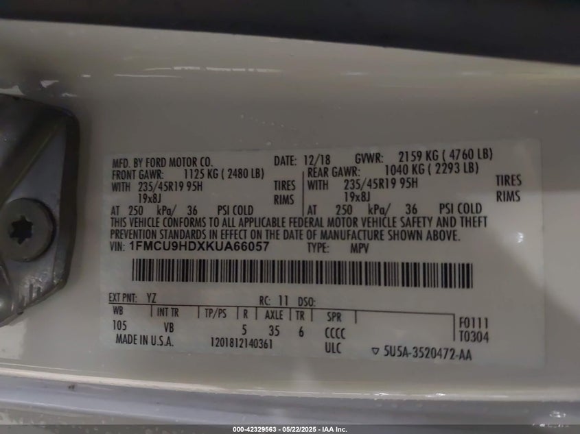 2019 FORD ESCAPE SEL - 1FMCU9HDXKUA66057