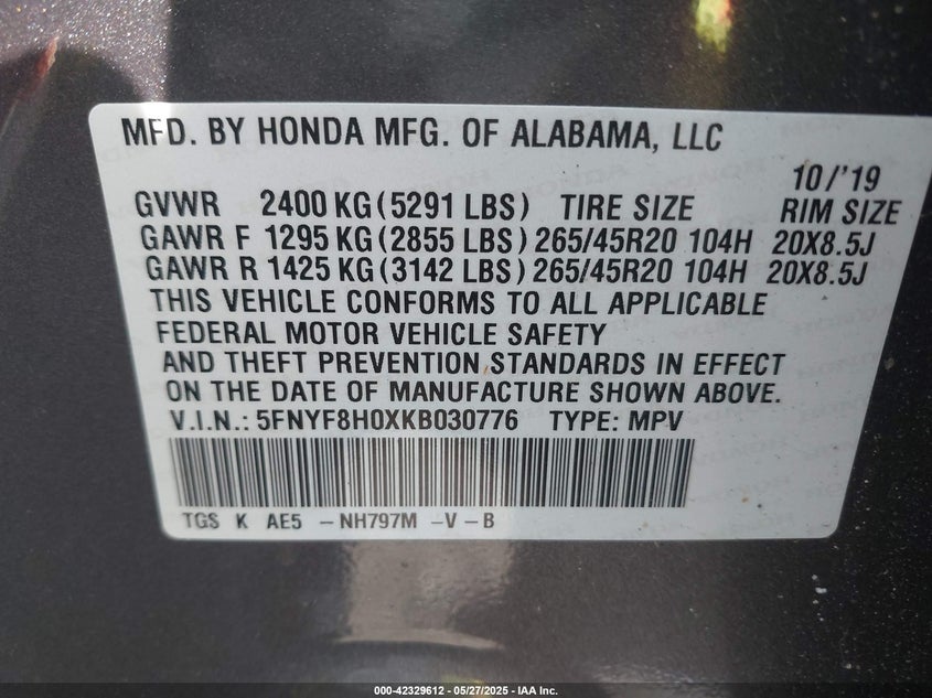 2019 HONDA PASSPORT VIN: 5FNYF8H0XKB030776
