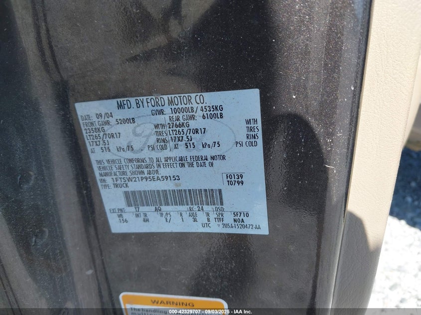 2005 Ford F-250 Lariat/Xl/Xlt VIN: 1FTSW21P95EA59153 Lot: 42329707
