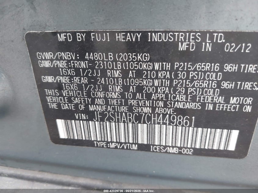 2012 SUBARU FORESTER VIN: JF2SHABC7CH449861