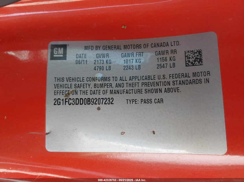 2011 CHEVROLET CAMARO VIN: 2G1FC3DD0B9207232
