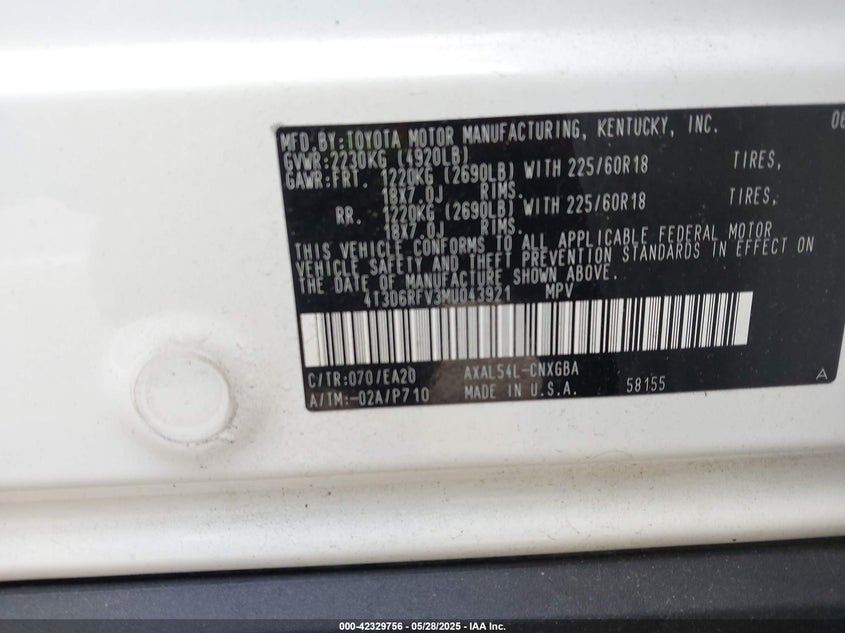 VIN 4T3D6RFV3MU043921 2021 TOYOTA RAV4 HYBRID LIMITED