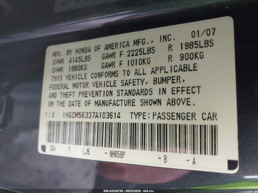 2007 HONDA ACCORD VIN: 1HGCM56337A103614