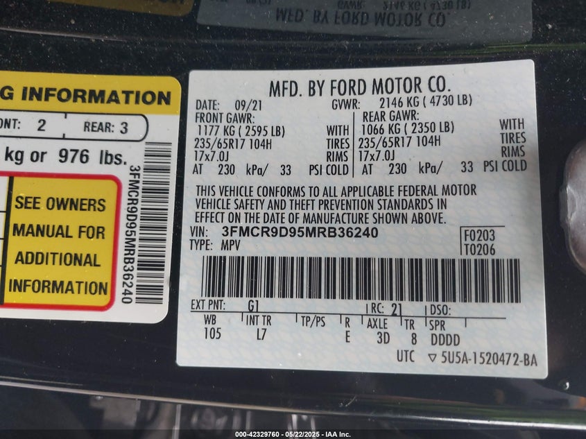 2021 FORD BRONCO SPORT VIN: 3FMCR9D95MRB36240