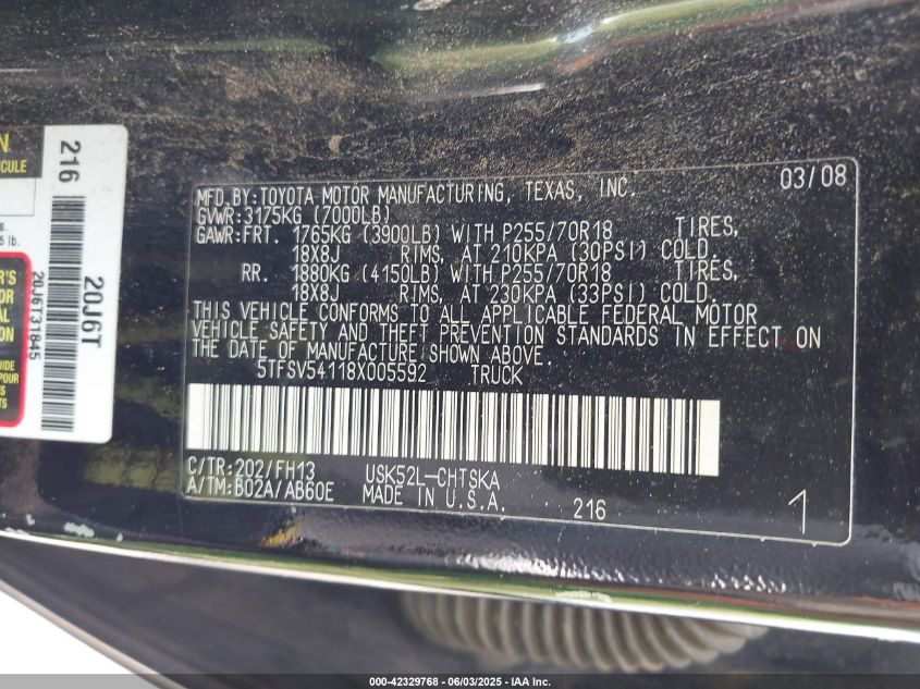 2008 Toyota Tundra Base 5.7L V8/Sr5 5.7L V8 VIN: 5TFSV54118X005592 Lot: 42329768