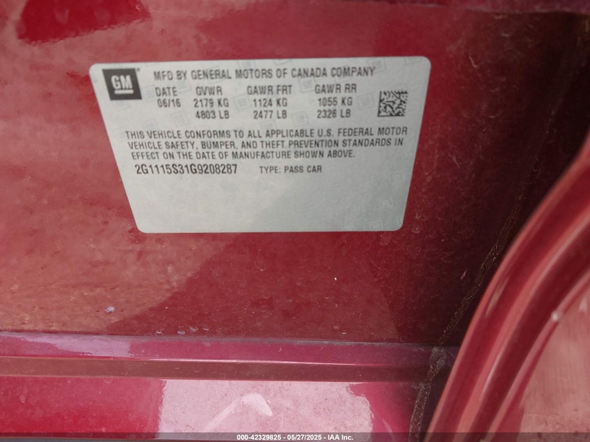 2016 CHEVROLET IMPALA VIN: 2G1115S31G9208287