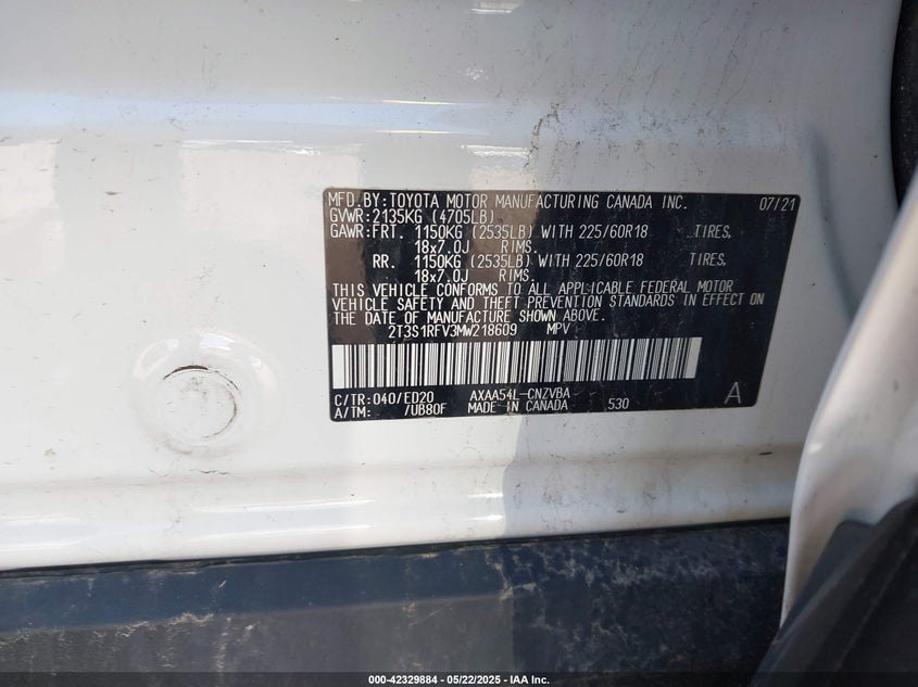 2021 TOYOTA RAV4 VIN: 2T3S1RFV3MW218609