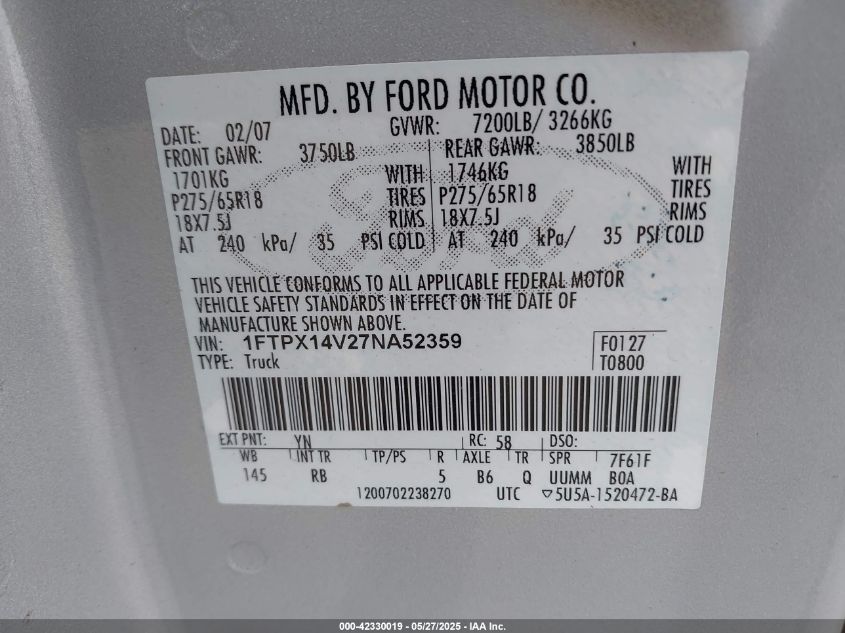 2007 Ford F-150 Fx4/Lariat/Xl/Xlt VIN: 1FTPX14V27NA52359 Lot: 42330019
