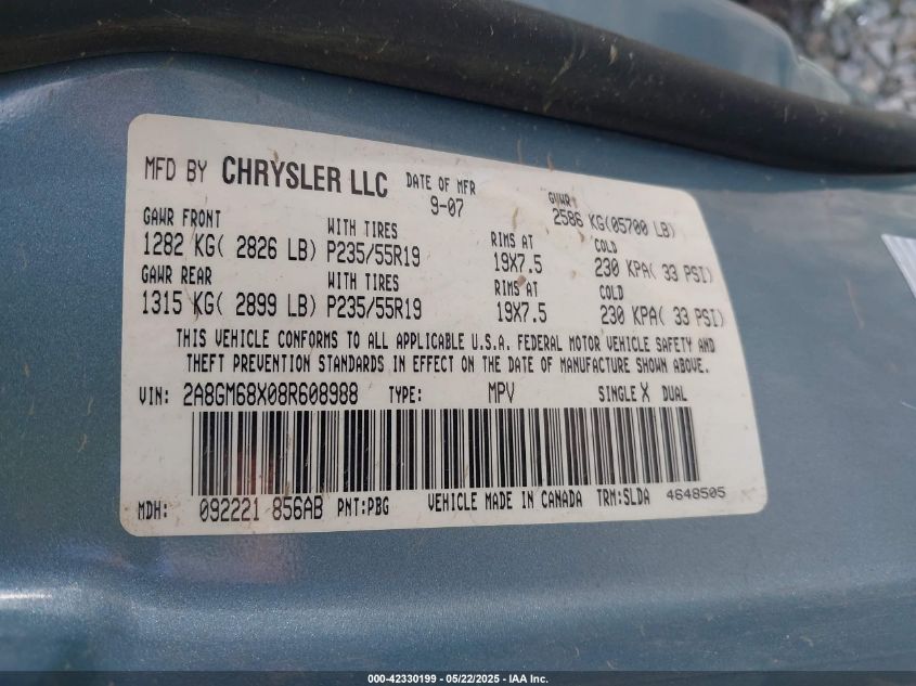 2008 Chrysler Pacifica Touring VIN: 2A8GM68X08R608988 Lot: 42330199