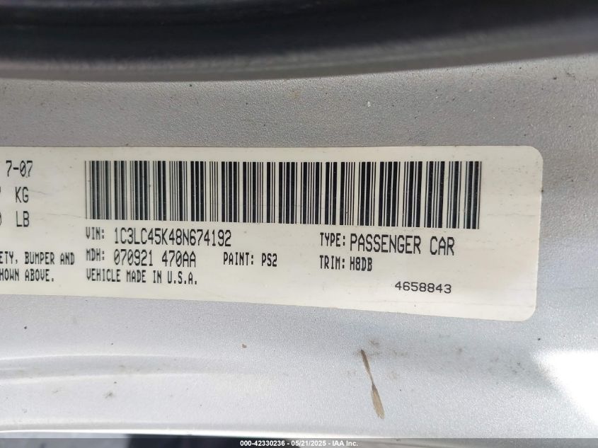 2008 Chrysler Sebring Lx VIN: 1C3LC45K48N674192 Lot: 42330236