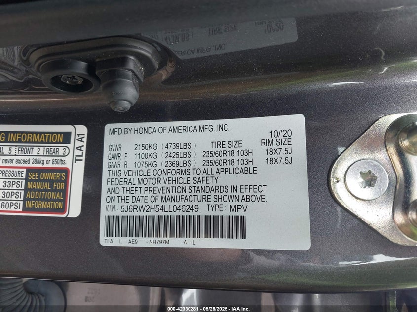 2020 HONDA CR-V AWD EX - 5J6RW2H54LL046249