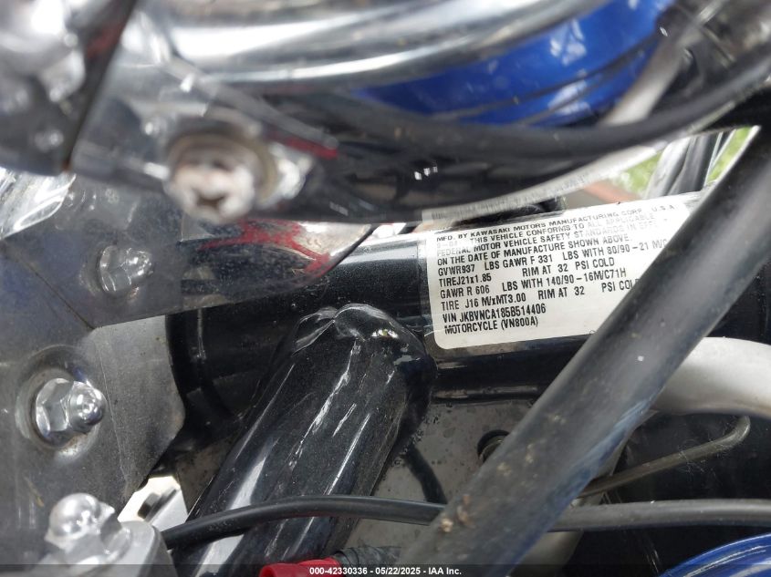 2005 Kawasaki Vn800 VIN: JKBVNCA185B514406 Lot: 42330336