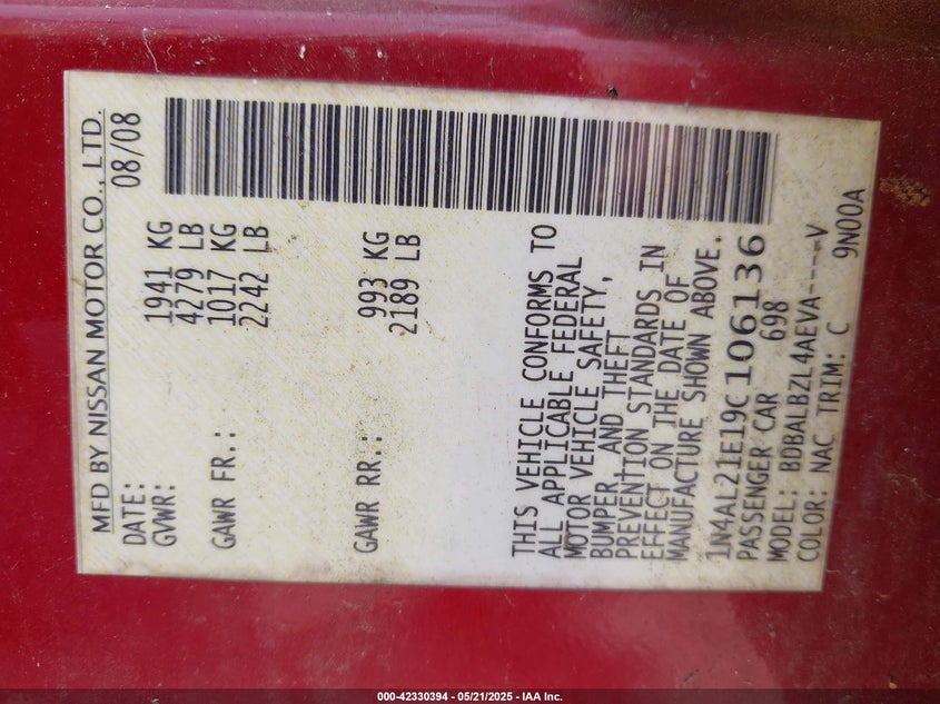 2009 NISSAN ALTIMA VIN: 1N4AL21E19C106136