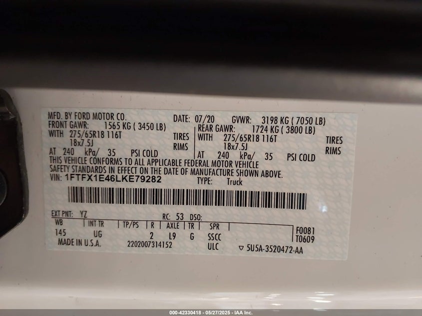 2020 FORD F150 VIN: 1FTFX1E46LKE79282