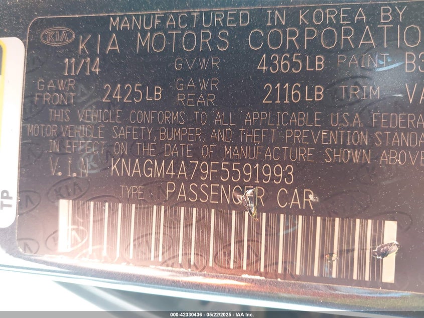 2015 KIA OPTIMA VIN: KNAGM4A79F5591993