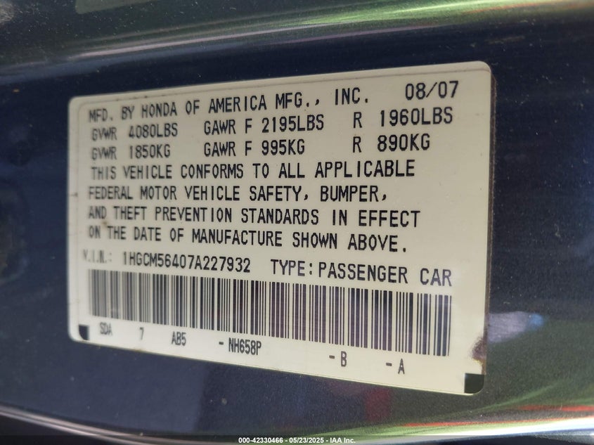 2007 HONDA ACCORD VIN: 1HGCM56407A227932