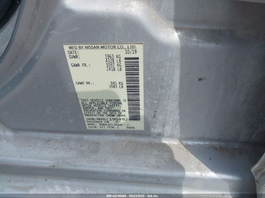 2020 Nissan Altima S Fwd VIN: 1N4BL4BV0LC190892 Lot: 42330485