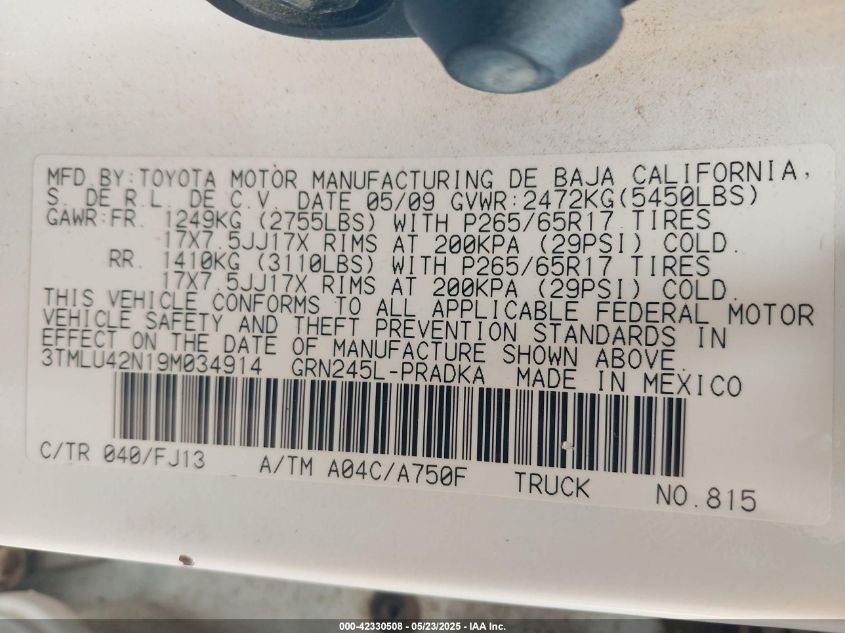 2009 Toyota Tacoma Base V6 VIN: 3TMLU42N19M034914 Lot: 42330508