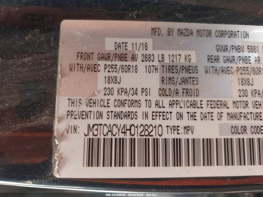 2017 Mazda Cx-9 Touring VIN: JM3TCACY4H0128210 Lot: 42330539