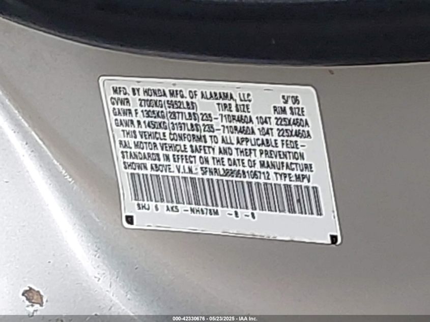 2006 Honda Odyssey Touring VIN: 5FNRL38896B106712 Lot: 42330676