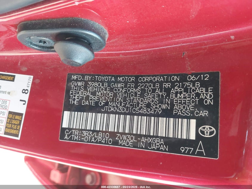 2012 TOYOTA PRIUS VIN: JTDKN3DU1C5483479
