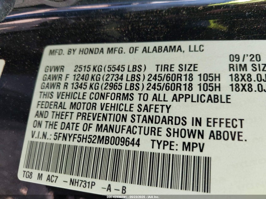 2021 HONDA PILOT VIN: 5FNYF5H52MB009644