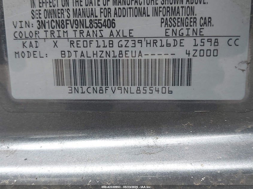 2022 NISSAN VERSA 1.6 SR XTRONIC CVT - 3N1CN8FV9NL855406