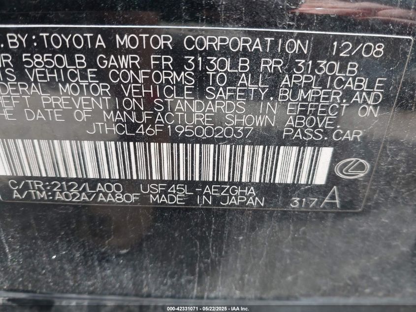 2009 Lexus Ls 460 VIN: JTHCL46F195002037 Lot: 42331071