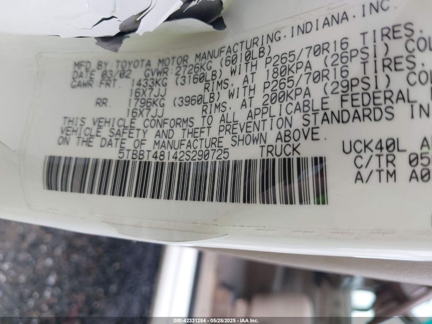 2002 Toyota Tundra Ltd V8 VIN: 5TBBT48142S290725 Lot: 42331284