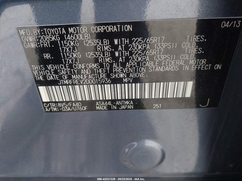 2013 TOYOTA RAV4 XLE - JTMRFREV2DD015936